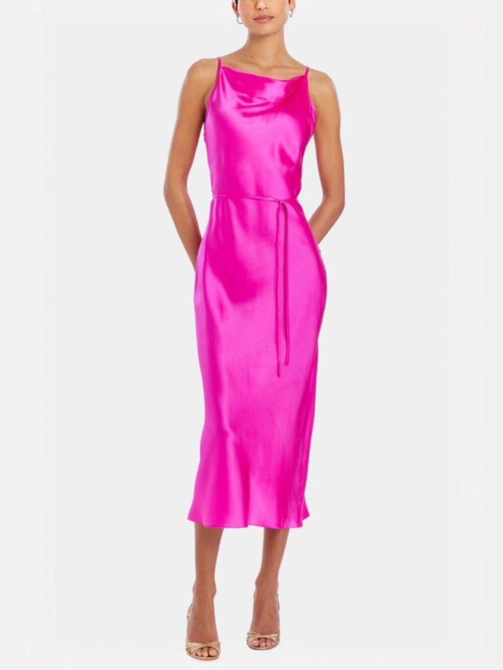 Amanda Uprichard Shaelyn Hot Pink 100% Silk Cowl Neck Midi Dress S